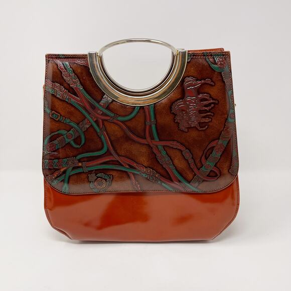 Talja Genuine Leather Handcrafted Italian Embossed Horse Pattern Bag Tan Brown - Picture 1 of 14